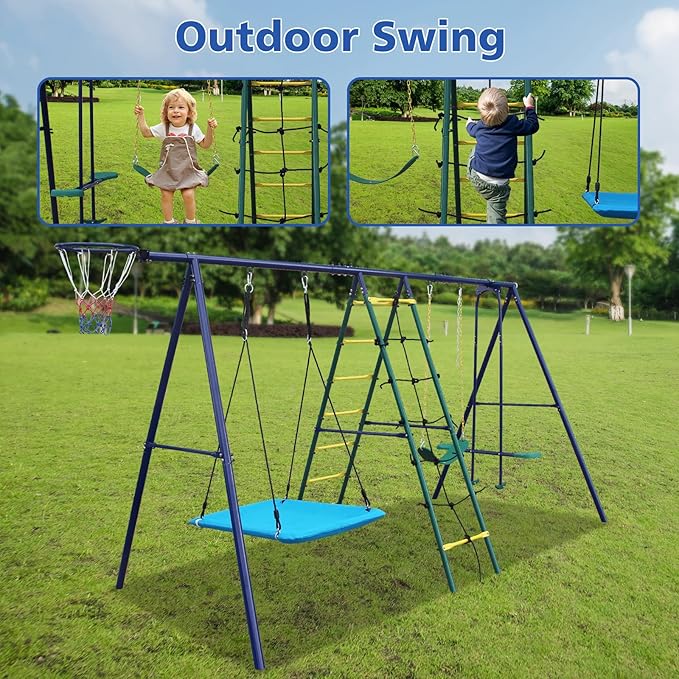 Swing Sets for Backyard, 6 in 1 Outdoor Swing Set, Heavy Duty Metal Swing Stand with Climbing Ladder, Climbing Net, Glider, Hammock Swing, Belt Swing, Basketball Hoop
