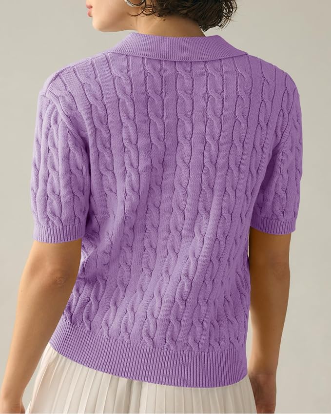 Imily Bela Womens Cable Short Sleeve Sweaters Tops Lapel V Neck Knit Shirt | Solid,Knit Casual,Soft Pullover,Fall Sweaters,Womens Summer Work Tops