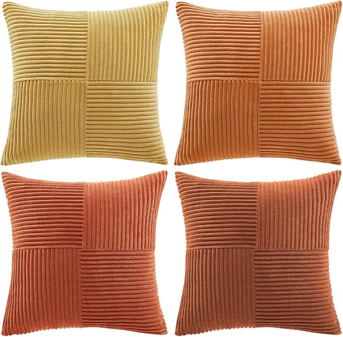 Fancy Homi Set of 4 Boho Fall Decorative Throw Pillow Covers 18x18 Inch for Couch Bed Sofa Bedroom, Modern Farmhouse Home Decor, Soft Cross Striped Corduroy Patchwork Colorful Cushion Case 45x45cm