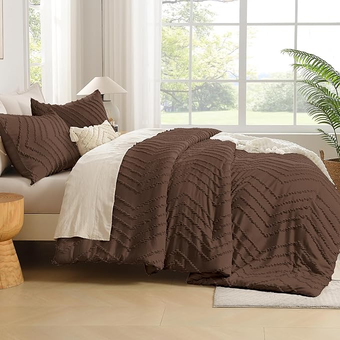 Andency Brown Comforter Set Queen Size, Boho Soft Warm Tufted Bedding Comforter Sets for Queen Size Bed, 3 Pieces Aesthetic Chevron Farmhouse Cute Bohemian Textured Bed Set
