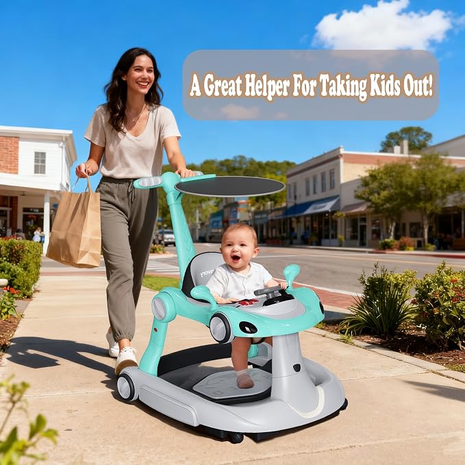 6 in 1 Foldable Baby Walker, Activity Baby Walker-Baby Bouncer, Rocker, Activity Center,Push Walker,Detachable Trampoline Mat, Adjustable Speed Rear Wheels and Height,Music & Lights,Ages 6-18 Months