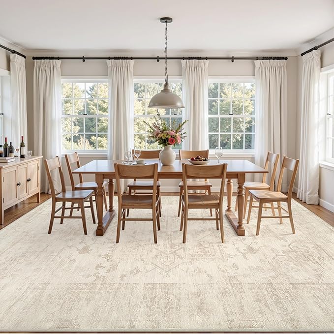 4x6 Area Rugs for Living Room: Vintage Boho Neutral Washable Rug Indoor Soft Large Area Rug Carpet for Bedroom Nursery Farmhouse Dining Room Office Floor Non-Slip Low Pile Under Table Rug Beige/Brown
