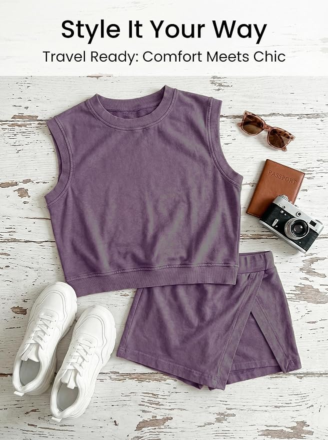 Women 2pc Mineral Wash Athletic Lounge Tank Skirt Set | Soft mineral wash cotton,Breathable.Relaxed lined split skirt.Ideal for travel,lounge,gym,workout casual daily wear