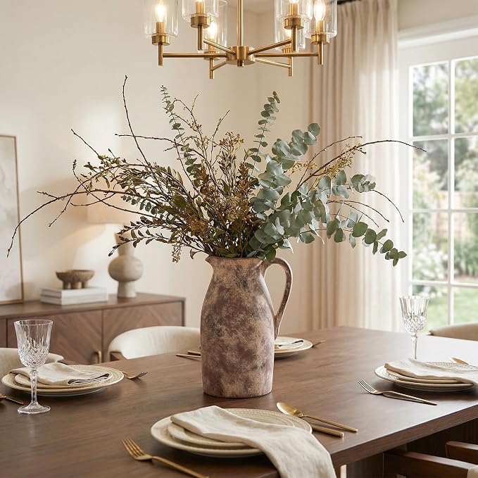 Ceramic Flower Vase with Handles,11" Neutral Tall Clay Terracotta Vases Farmhouse Table Vases with Handle Living Room Decor Rustic Pottery Pots for Home Shelf Coffee Dining Desk Fireplace