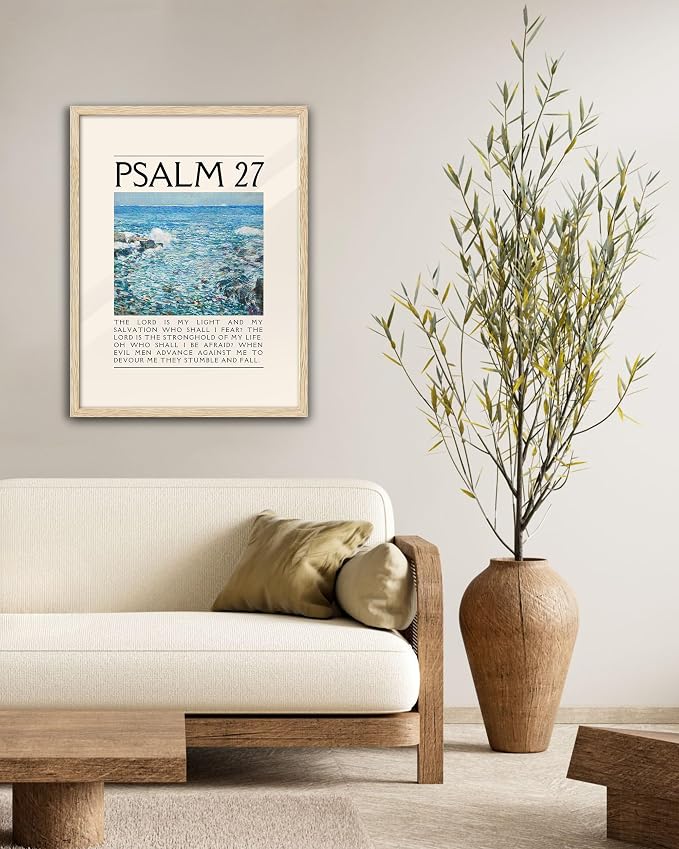 EcoHest 16x20 in Psalm 27 Ocean Framed Bible Verse Christian Wall Art | Solid Oak Wood Frame with Canvas Wall Art, Coastal Scripture Wall Decor for Bedroom, Living Room, Office, Church, 1Pack