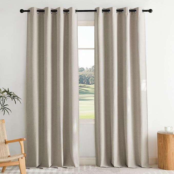 NICETOWN Farmhouse Style 100% Blackout Natural Faux Linen Curtains 90 inches Length for Living Room, 2 Panels, 52" W, Room Cooling Thermal Insulated Window Draperies for Dining Room