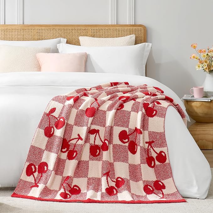 Snuggle Sac Red Cherry Throw Blanket for Couch, Microfiber Fluffy Warm Cozy Fuzzy Reversible Checkered Blankets for Sofa, Chair, Bed, 50x60 inches