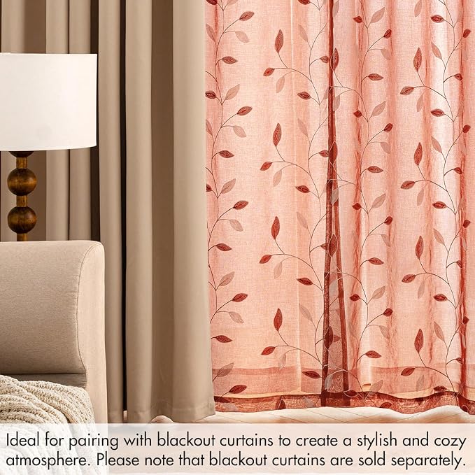 MIULEE Terracotta Sheer Curtains 2 Panels Embroidered Leaf Patterned burnt Orange Rod Pocket Floral Semi Faux Linen Fall Window Curtains Drapes Set for Living Room Bedroom Dining Room, 52x63 Inch Long