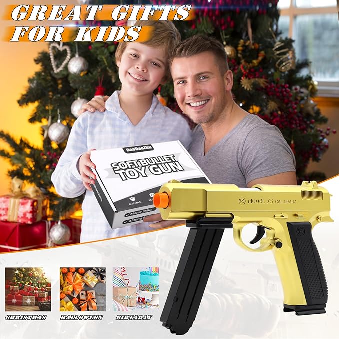 Gold Toy Pistol Guns Toys for 8 9 10 11 12 13+ Year Old Boys Kids, Sports & Outdoor Play Toys Gun with Soft Bullet & Shell Ejecting, Fidget Toy Guns for Boys 8-12, Kids Gifts for Birthday