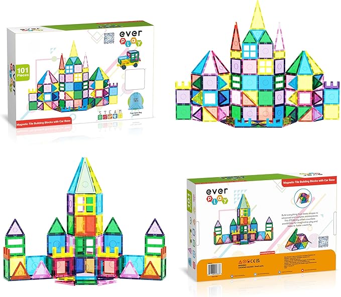 101pc Magnet Tile Building Blocks with Car Base Drawstring Carry Bag Magnetic Construction Playset Early Childhood Play Fine Motor Sensory Skills STEAM Educational Learning Toy Age 3+ EP101