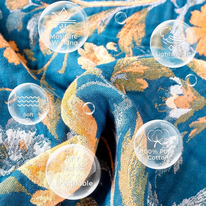 LUTBM Boho Throw Blanket for Couch 50"x60", Cotton Decorative Bed Throws | Blue Reversible Floral Birds Jacquard, All-Season Lightweight Soft Blankets, For Chair Sofa Bedroom Living Room, Home Decor