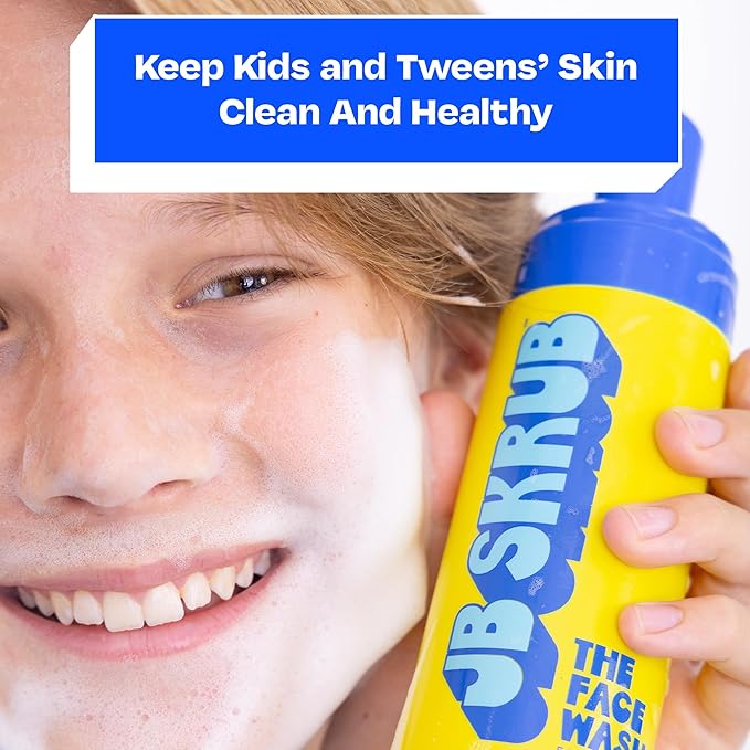 JB SKRUB The Face Wash - Gentle Facial Cleanser for Kids, Tween and Teen Boys - Fragrance-Free Foaming Face Wash with Aloe Vera & Chia Seed for Sensitive Skin - 5 Fl. Oz