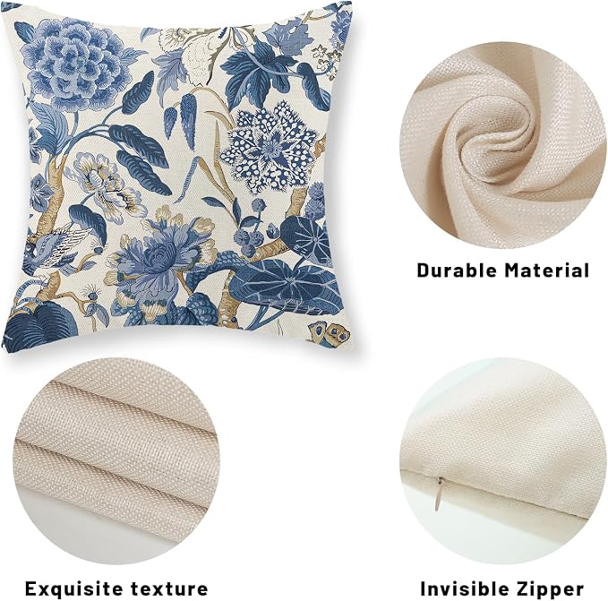 Blue Pillow Covers 22x22 Inch Set of 2 Vintage Blue Floral Throw Pillows Chinoiserie Flower Decorative Pillow Cases Outdoor Linen Farmhouse Cushion Cover for Couch Home Sofa Bed Decorations