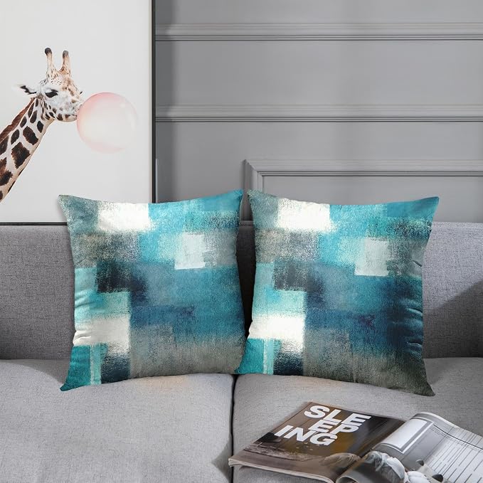 Emvency Throw Pillow Covers Set of 2, 18 x 18 Inch, Turquoise White Gray | Teal Painting Outdoor Decorative Square Pillow Cases Couch Cushion Case for Couch Bed Sofa Living Room Home Decor