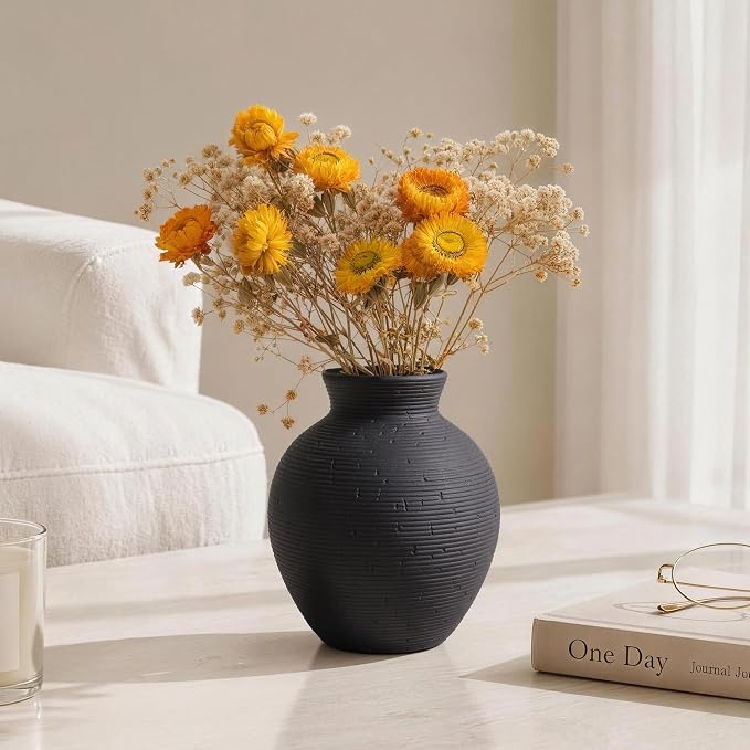 Ceramic Flower Vase Home Decor, 6 in Farmhouse Table Black Vases Rustic Vintage Living Room Kitchen Bedroom Decorations Pottery Decorative Vase for House Book Shelf Office Coffee Desk Dining Fireplace