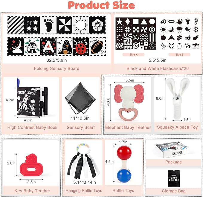 URMYWO 10 Pcs High Contrast Black and White Baby Toys for Newborn, Tummy Time Mirror, Rattle, Teether, Visual Stimulation Learning Cards, Sensory Toys for 0-6 Months, Baby Boy Girl Valentines Gifts