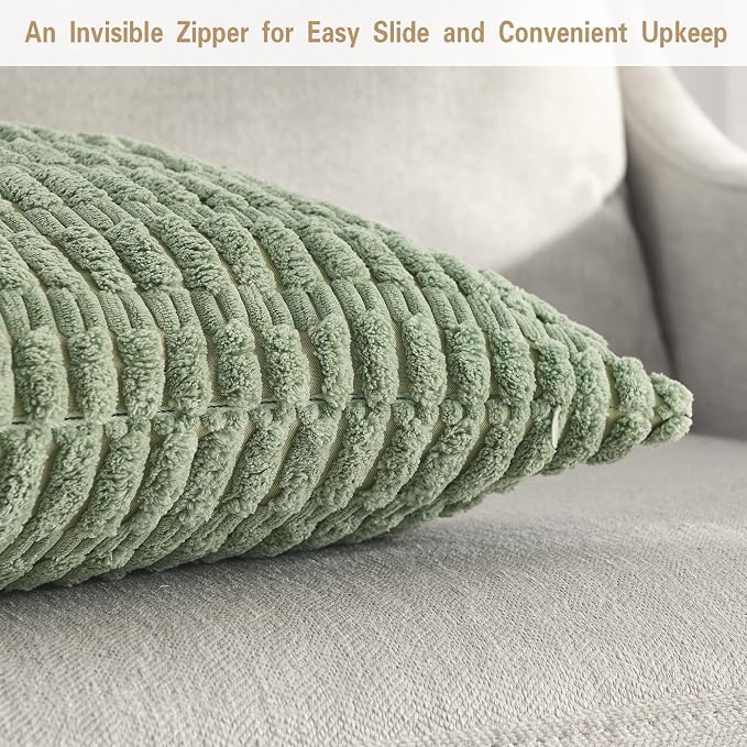 Volcanics Pack of 2 Sage Green Decorative Throw Pillow Covers 24x24 Inch | Soft Corduroy Striped Square Cushion Cases, Modern Farmhouse Boho Home Decor for Spring Couch Bed Sofa Living Room