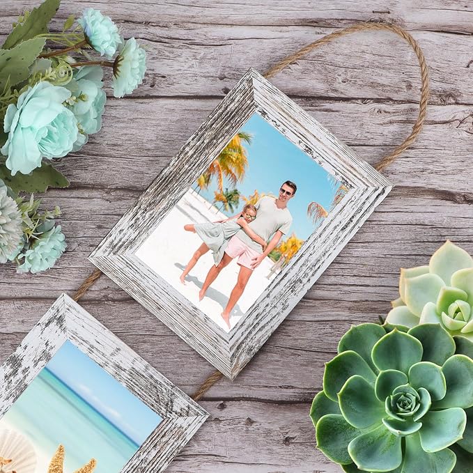 QUTREY Collage Picture Frames 4x6, 6 Openings Hanging Photo Frame Set for Vertical 4 by 6 inch Pictures for Wall, Distressed White, 2 Pack