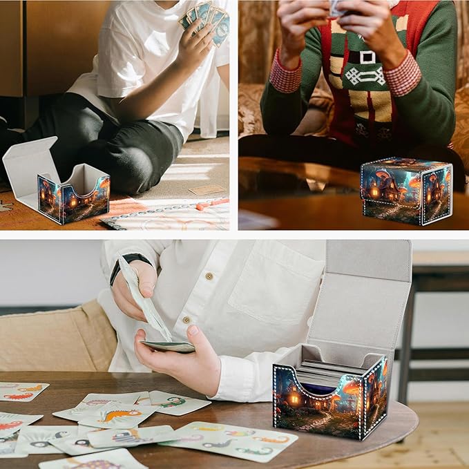 DEGDFSGR Card Game Storage Box for TCG MTG Commander Deck Box Organizer Trading Card Case Magnetic Closure Creative Pattern Up to 200 Cards, A Magical Mushroom Village