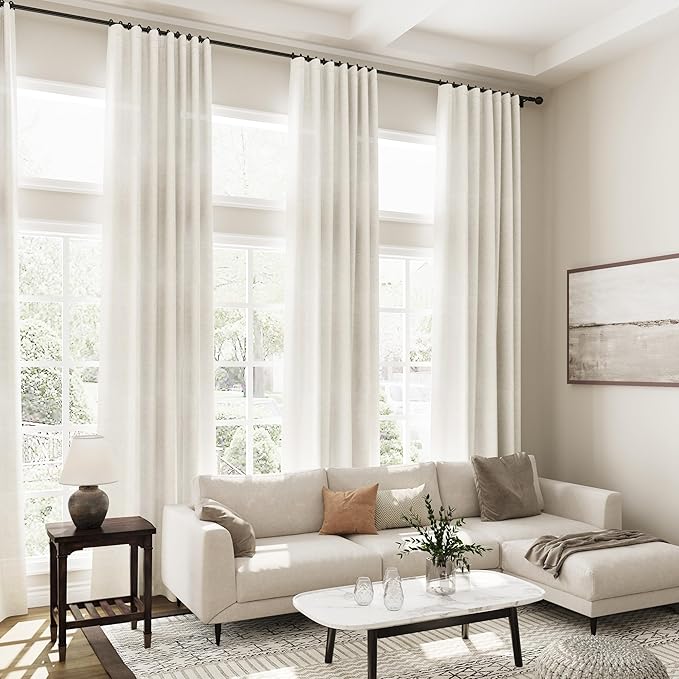 Cream Linen Sheer Curtains 102 Inches 2 Panels Set Back Tab Rod Pocket Extra Long Semi Sheer Light Filter Vintage Curtain Drapes Room Decor Aesthetic Curtains for Living Room High Window 42x102