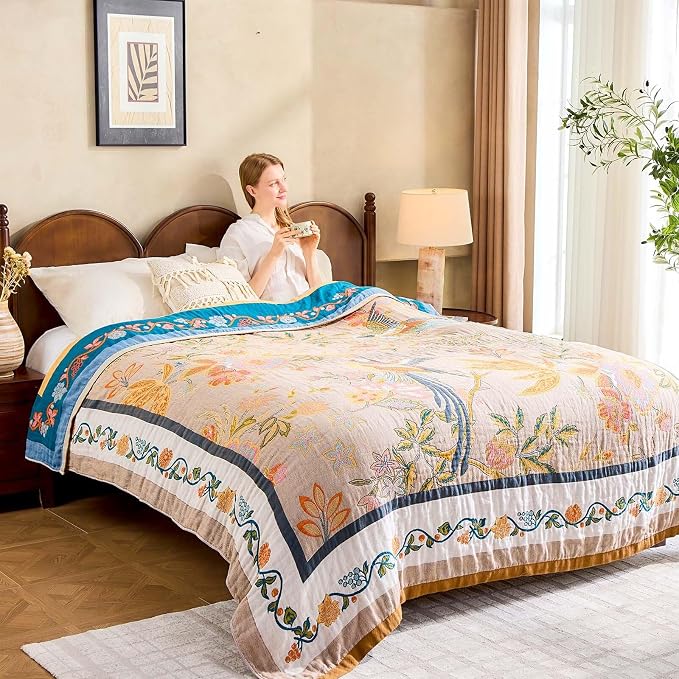 XIBLC Boho Blanket, 100% Cotton Farmhouse Decorative Throw Blanket, 60"x80" Reversible Bohemian Throw Blanket, Brown All Season Muslin Breathable Woven Blankets Quilt