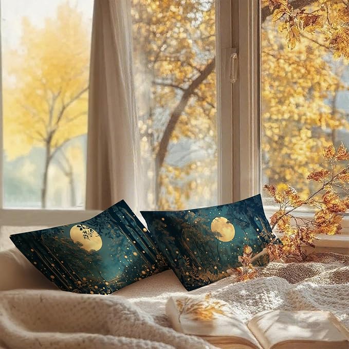 Rustic William Morris Style Night Moon Forest Decor Pillow Covers 20x12 Set of 2,Vintage Black and Gold Landscape Nature Botanical Decorative Throw Pillow Covers for Home Bedroom Living Room