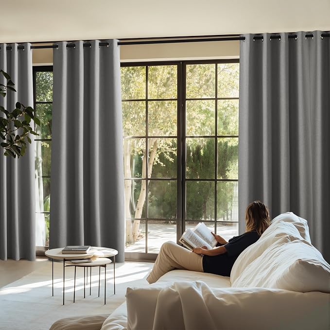 NICETOWN Grey Faux Linen Full Shade Panels for Living Room, 52" Wide x 90" Long, Pair of Thermal Insulated & Energy Efficiency Blackout Curtains for Bedroom/Living Room, Firm-Weave Window Dressing