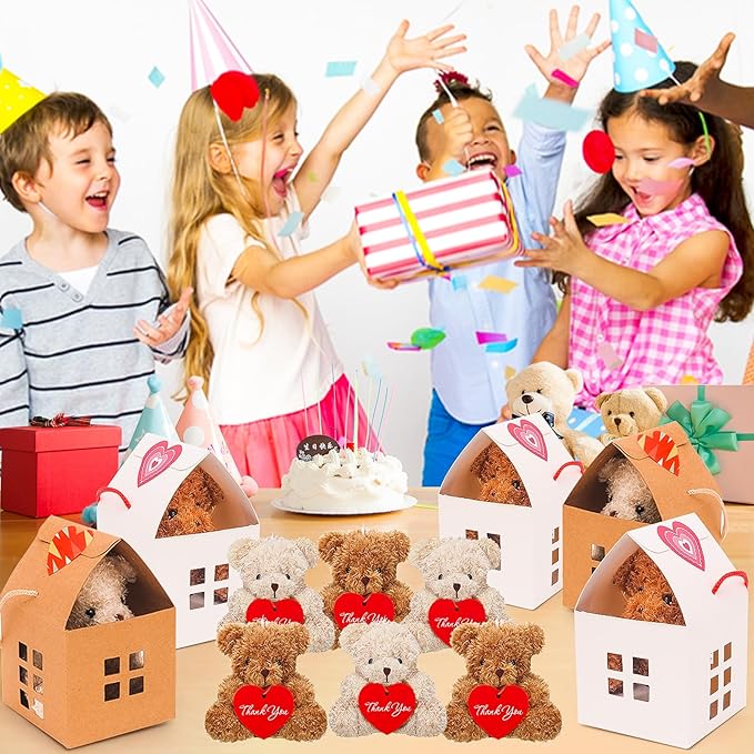 10 Pcs Mini Bears Plush Stuffed Small Fuzzy Bulk Animal Doll, Curly Teddy Bear Party Favors Valentine's Day Gift Toys with Paper Houses for Kids' Birthday Party Supplies(Brown, Apricot)