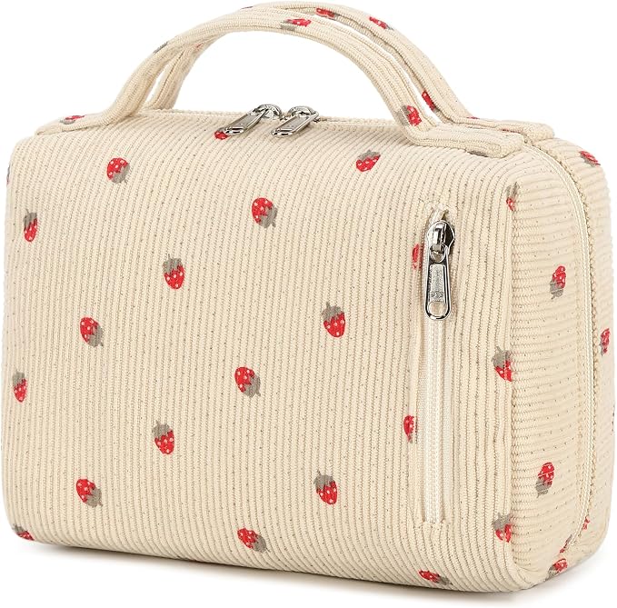 Bluboon Makeup Bag Zipper Pouch Travel Toiletry Bag Portable Cosmetic Bag Organizer for Women and Girls(Strawberry Corduroy Beige)