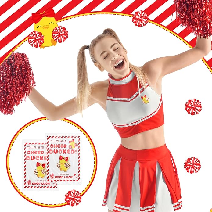 Quelay 24 Pack Cheer Team Gifts Bulk Cheerleader Duck Pins Brooches You've Been Cheer Ducked Tags Team Inspirational Gift Accessories for Teammates