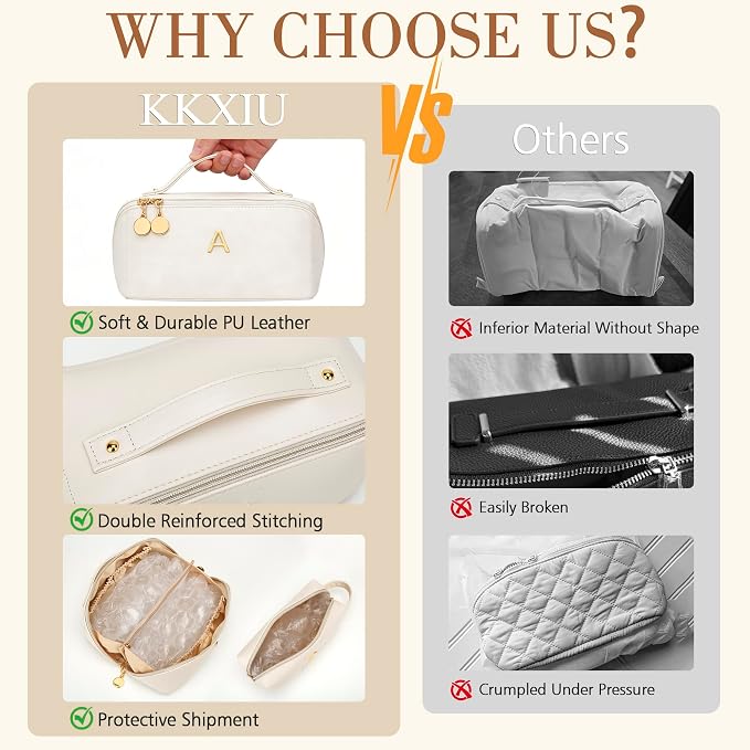KKXIU Initial Makeup Bag for Women - Personalized Makeup Bag Gifts for Women, Travel Toiletry Bag with PU Leather, Open Flat Design with Top Handle, Cosmetic Bag Set with Multi-Pocket (Beige,R)