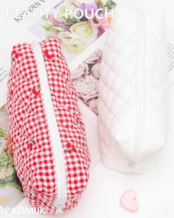 Small Quilted Makeup Bag,Zipper Cosmetic Pouch,Gingham Red Cherry,6 Pack | Lightweight Cosmetic Bag Organizer for Women,Purse Storage Holds Makeup,Toiletries,Skincare,Beauty Essentials,Travel Items