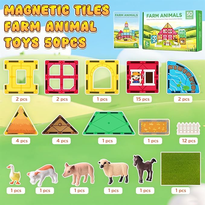 Magnetic Tiles with Farm Animals, 50PCS Magnetic Blocks Building Toys for Age 3-5 4-8 8-12, Construction STEM Magnet Toys Gift for Kids, Boys and Girls