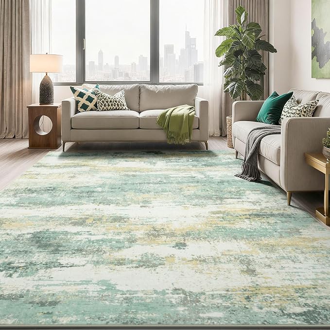 Rugflix 8x10 Area Rugs for Living Room, Washable Light Green Large Rug | Machine Washable; Stain-Resistant; Low Pile; Non-Slip; Modern Abstract; Carpet for Bedroom Dining Office Nursery Home