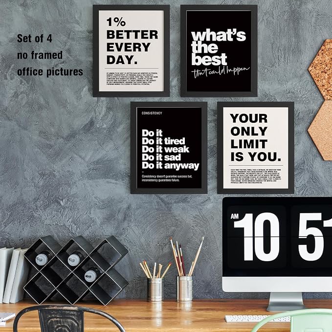 DSHFG Motivational Inspirational Office Wall Art Decor Prints Unframed | Black Office Motivational Wall Decor Trendy Retro Positive Affirmations Quotes Wall Decor Posters, 12x16 Unframed
