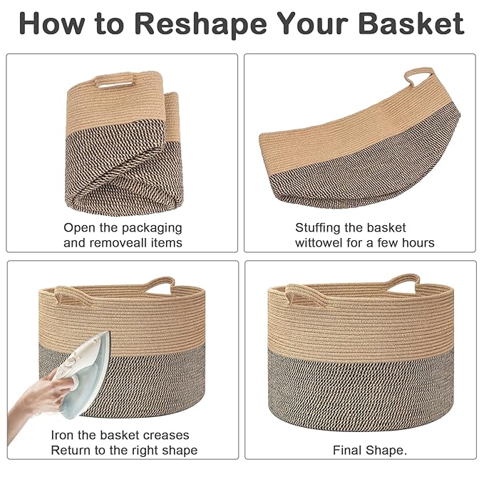 90L Extra Large Blanket Basket,Woven Laundry Basket-White&Black | Collapsible, reinforced handles, nursery storage bin organizes clothes, toys and pillows for living room, bedroom bathroom