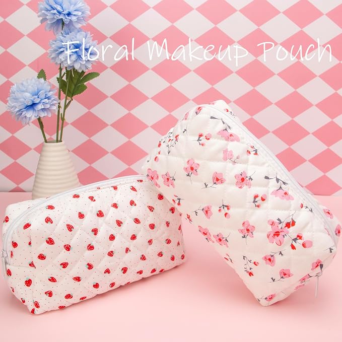 PAZIMIIK Small Quilted Makeup Bag,Zipper Cosmetic Pouch,Myrtle Pink | Lightweight Cosmetic Bag Organizer for Women,Purse Storage Holds Makeup,Toiletries,Skincare,Beauty Essentials,Travel Items