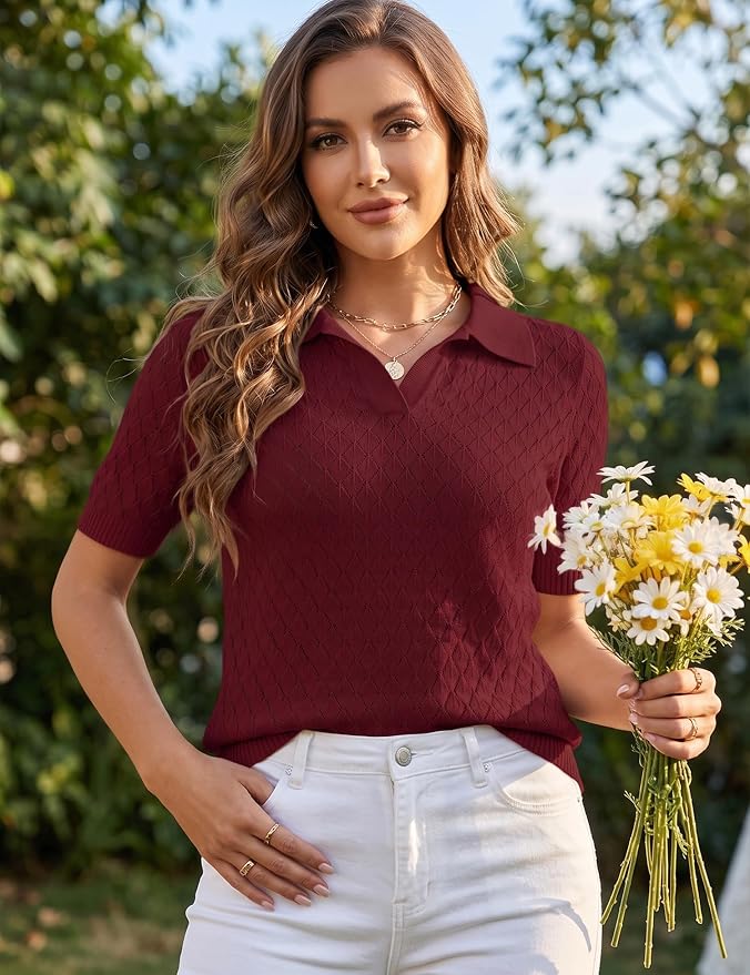 Rapbin Womens Short Sleeve Knit Polo Shirts Summer Spring Sweater Tops | Classic V Neck Collared Shirts Lightweight Business Casual Basic Fashion Pullover Polo Sweater for Work Formal Daily Wear