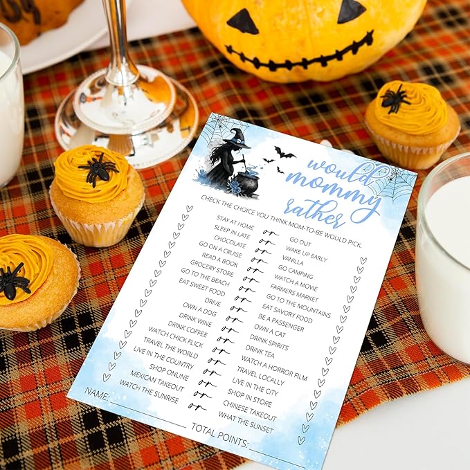Hilarious Baby Shower Games, 25 Sets Halloween Would Mommy Rather, Blue Witch Gender Reveal Party Game Cards for Baby Announcement Supplies - B05