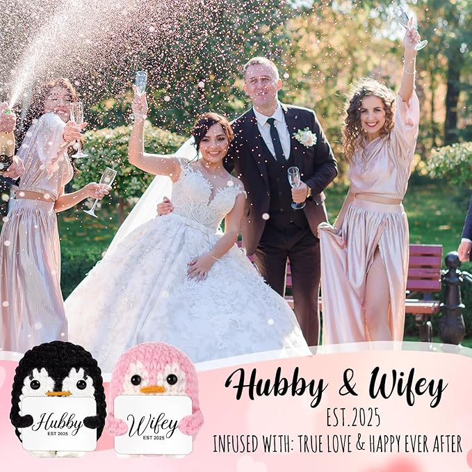 QUPT Wedding Gifts for Couples, Hubby & Wifey EST 2025 Wedding Penguin Doll Set, Bridal Shower Gifts for Bride and Groom, Newly Married Anniversary for Him Her, Penguin Doll Mr and Mrs Present