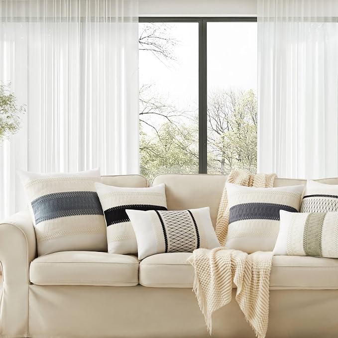 2pk Boho Pillow Covers 18x18, Natural White/Contrast/Black | 100% Organic Cotton Body, Stripe Embroidery, Farmhouse Decorative Cushion Covers for Sofa Bed Living Room Home Decor