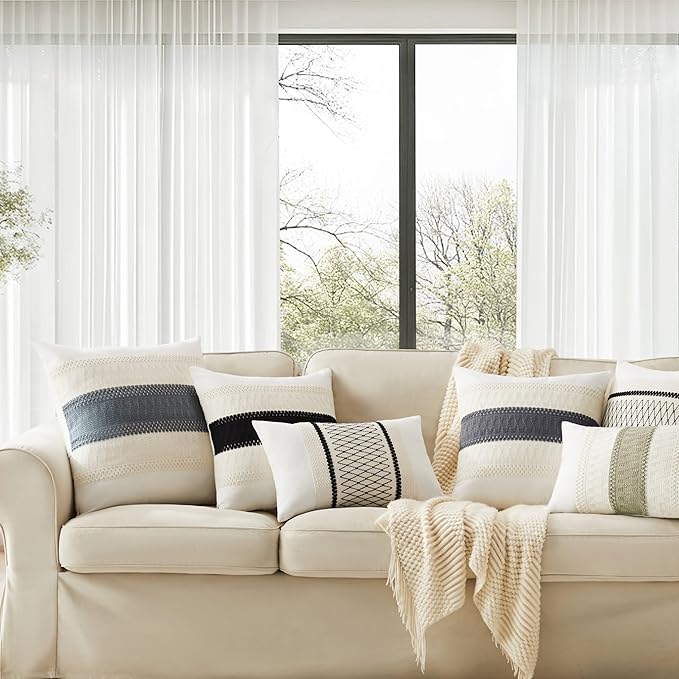 2pk Boho Pillow Covers 12x20, Natural White/Contrast/Charcoal | 100% Organic Cotton Body, Stripe Embroidery, Farmhouse Decorative Cushion Covers for Sofa Bed Living Room Home Decor