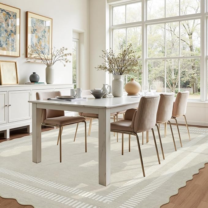 Scalloped Washable 9x12 Area Rugs for Living Room, Ivory Ultra-Thin Bedroom Rug Non-Slip Dining Room Rugs, Soft Indoor Low Pile Carpet for Nursery Kids Room Office