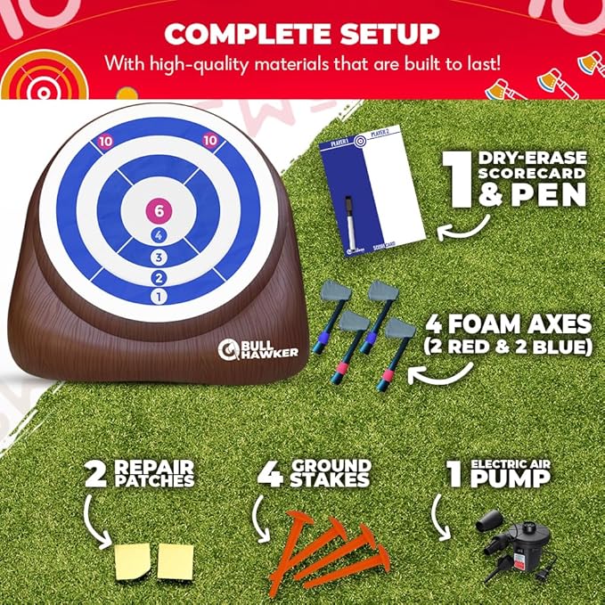 Swooc Gamesยฎ - Bull Hawkerโข | Giant Axe Darts (Over 6ft Tall) w/ 15+ Games | Axe Throwing Game for Backyard w/Air Pump | Outdoor Games for Adults and Family | Carnival Games | Throwing Axe Yard Games