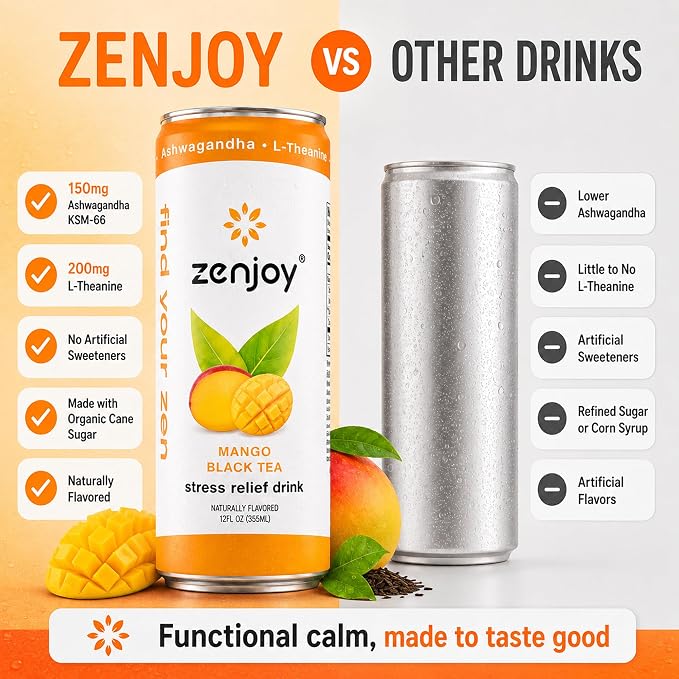 Zenjoy Adaptogen Drink Stress Relief Tea | Non Alcoholic Calming Drink w/Ashwagandha, Lemon Balm & L-Theanine for Focus | Stress Tea Calming Social Mocktail with Adaptogens (12 Pack, Mango)