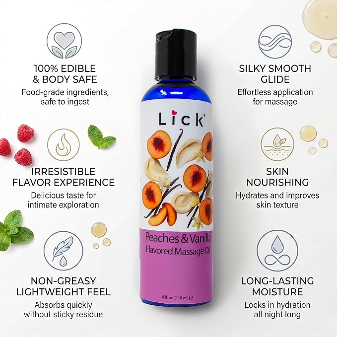 Lick Peaches and Vanilla Flavored Massage Oil – Tropical Edible Massage Oil with Sweet Almond Oil & Vitamin E, Hydrating Body-Safe Formula for Relaxing Couples Massage, 4 oz