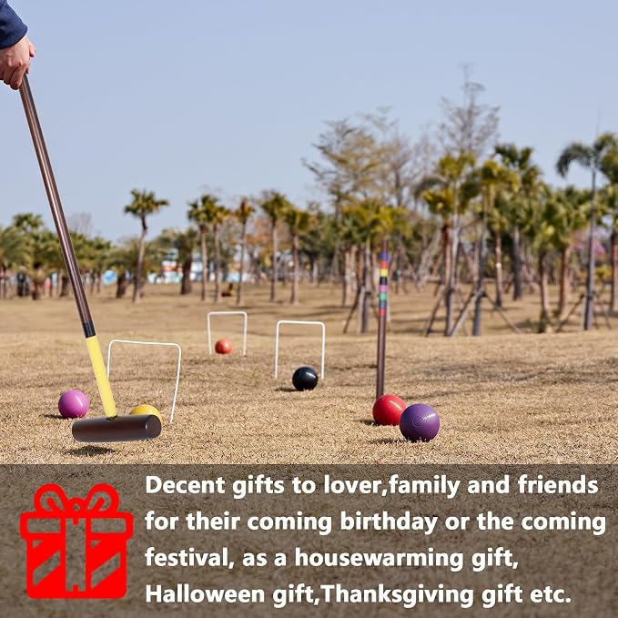 SpeedArmis 8 Players Croquet Set with 32In Regulation | 28In Standard Size Rubber Wood Mallets, Colored PE Ball, Wickets, 21In End Stakes and Bag - Lawn Backyard Game for Teens/Adults/Family