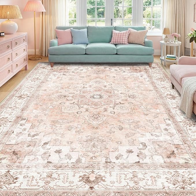 CAPALOCA 7x9 Washable Nursery Girls Low Pile Area Rug Pink | Non-Slip Soft Rugs for Bedroom Kids Playroom Living Room, Print Pattern Water Repellent Carpet Indoor Decor