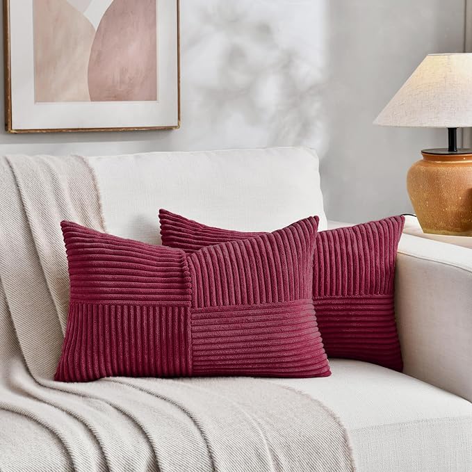 Fancy Homi 2 Packs Burgundy Lumbar Decorative Throw Pillow Covers 20x28 Inch for Living Room Couch Bed, Farmhouse Boho Home Decor, Soft Striped Corduroy Rectangle Accent Cushion Case 50x70 cm