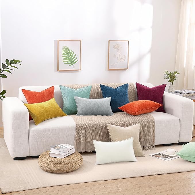 decorUhome Spring Couch Throw Pillow Covers 18x18 Set of 2, Decorative Soft Velvet Neutral Chenille Pillow Covers with Elegant Design for Sofa Bed Living Room Home Decor, Beige (Pack of 2)